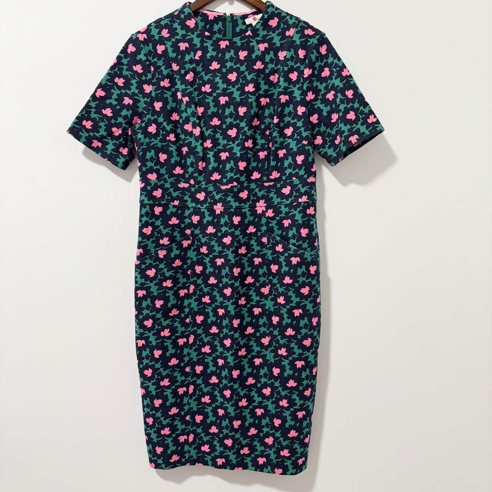Boden Sheath Dress Womens 10 Green Pink Floral Short Sleeve Textured Pockets